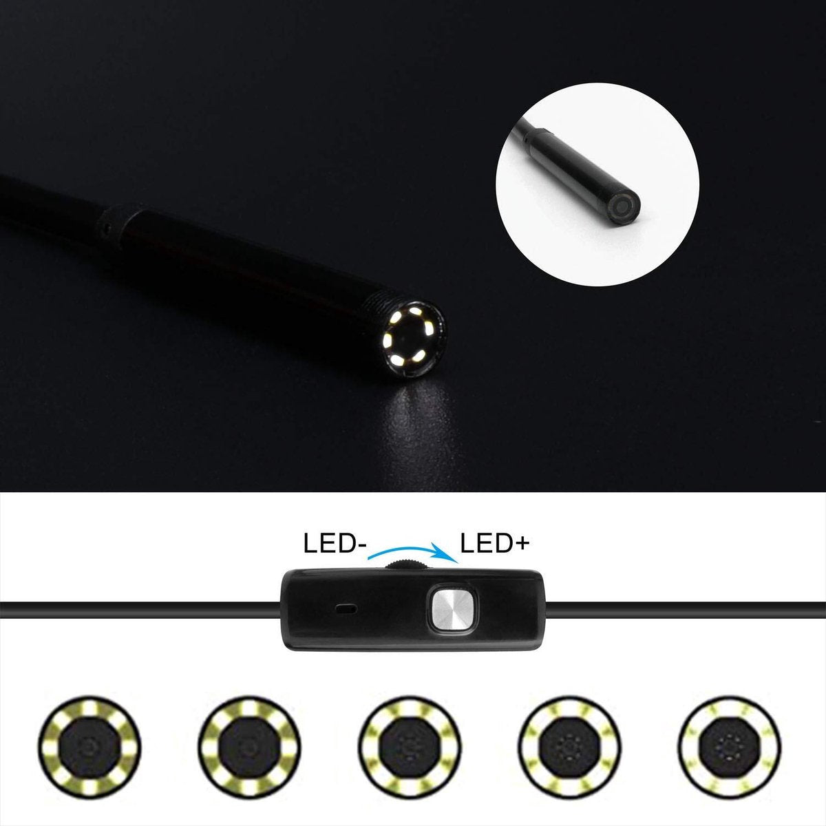 5m Endoscoop camera - 7mm kop en 5m kabel inspectiecamera - 720p HD - Te gebruiken met android telefoons of desktop (USB-A, USB-C, Micro USB), Waterdicht